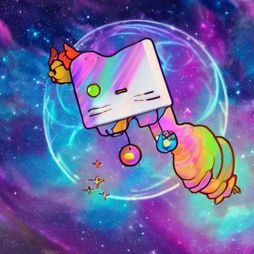 Image similar to an axolotl riding nyan cat through space, nebula, colorful