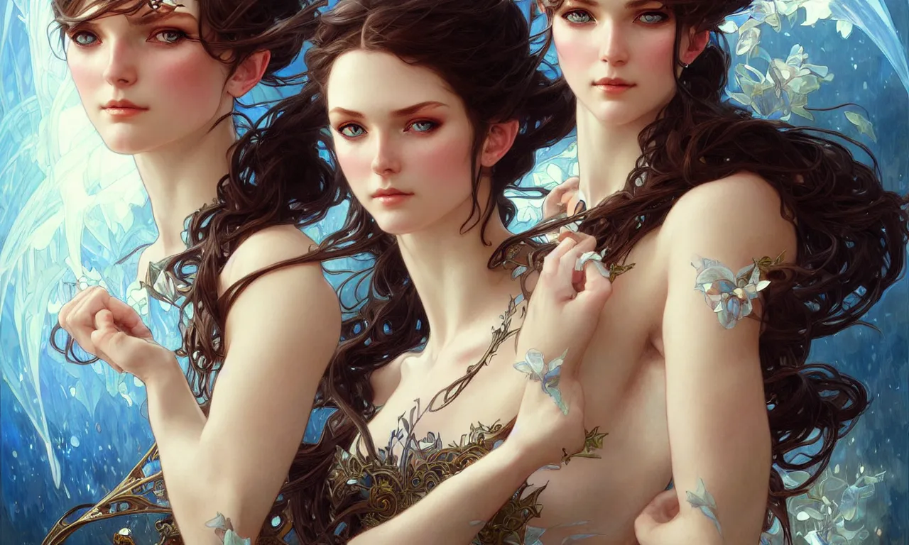 Image similar to Portrait of fairy woman, D&D, blue eyes, face, fantasy, intricate, elegant, highly detailed, digital painting, artstation, concept art, smooth, sharp focus, illustration, art by artgerm and greg rutkowski and alphonse mucha