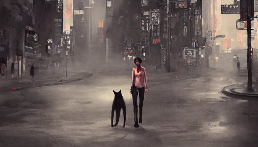 Image similar to black cat walking in dusty empty tokyo streets, heat wave, dirty ground, hyperdetailed, artstation, cgsociety, 8 k