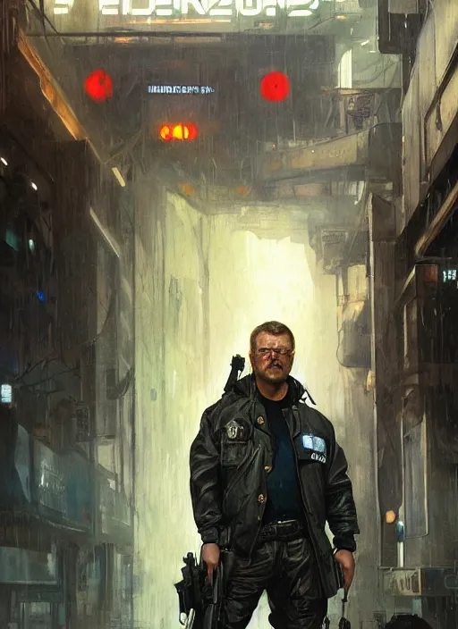 Image similar to Modern Teddy Roosevelt. Cyberpunk cop in tactical gear. plastic raincoat. blade runner 2049 concept painting. Epic painting by James Gurney, Azamat Khairov, and Alphonso Mucha. ArtstationHQ. painting with Vivid color. (rb6s, Cyberpunk 2077)