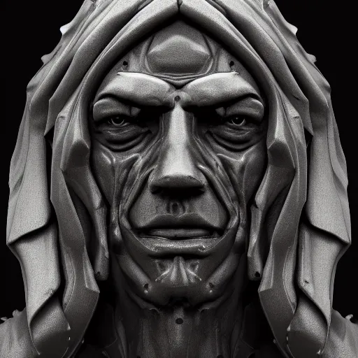 Prompt: a sculpture portrait of a man. black iron. black background. cast iron. gothic baroque. expressive eyes. symmetry. epic. ominous shapes. hyper detailed. lighting from the bottom, sharp shadows. photoreal. octane render. trending on artstation