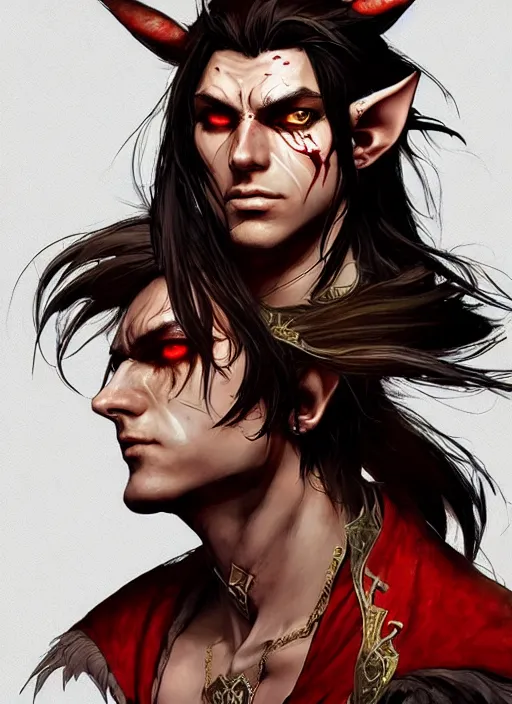 Prompt: Half body portrait of a handsome elf fire mage with long brown hair wearing ornate scarlet robe, scarred face. In style of Yoji Shinkawa and Hyung-tae Kim, trending on ArtStation, dark fantasy, great composition, concept art, highly detailed, dynamic pose.