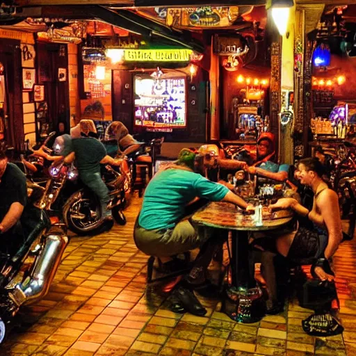 Image similar to bikers in a bar playing monopoly under the dim light of a ceiling lamp, cigarette smoke, biker bar, painting, sharp, dimly lit, 9 0 s bar