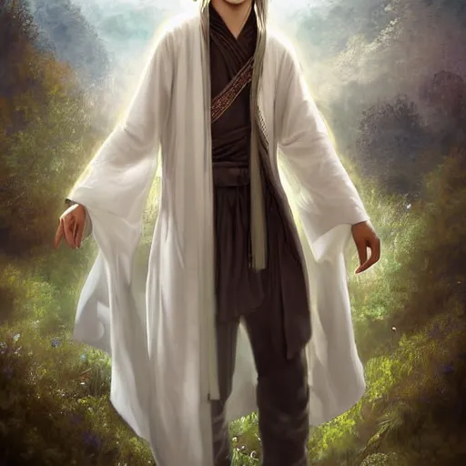 Image similar to teen boy, handsome, godly looks, long white hair, white daoist robes, digital painting, highly detailed, full body, d&d, by sophie anderson