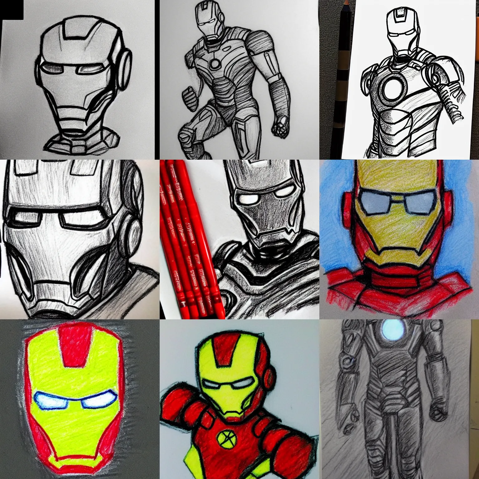 Prompt: badly drawn, scribbly toddler's sketch of Iron Man, crayon drawing