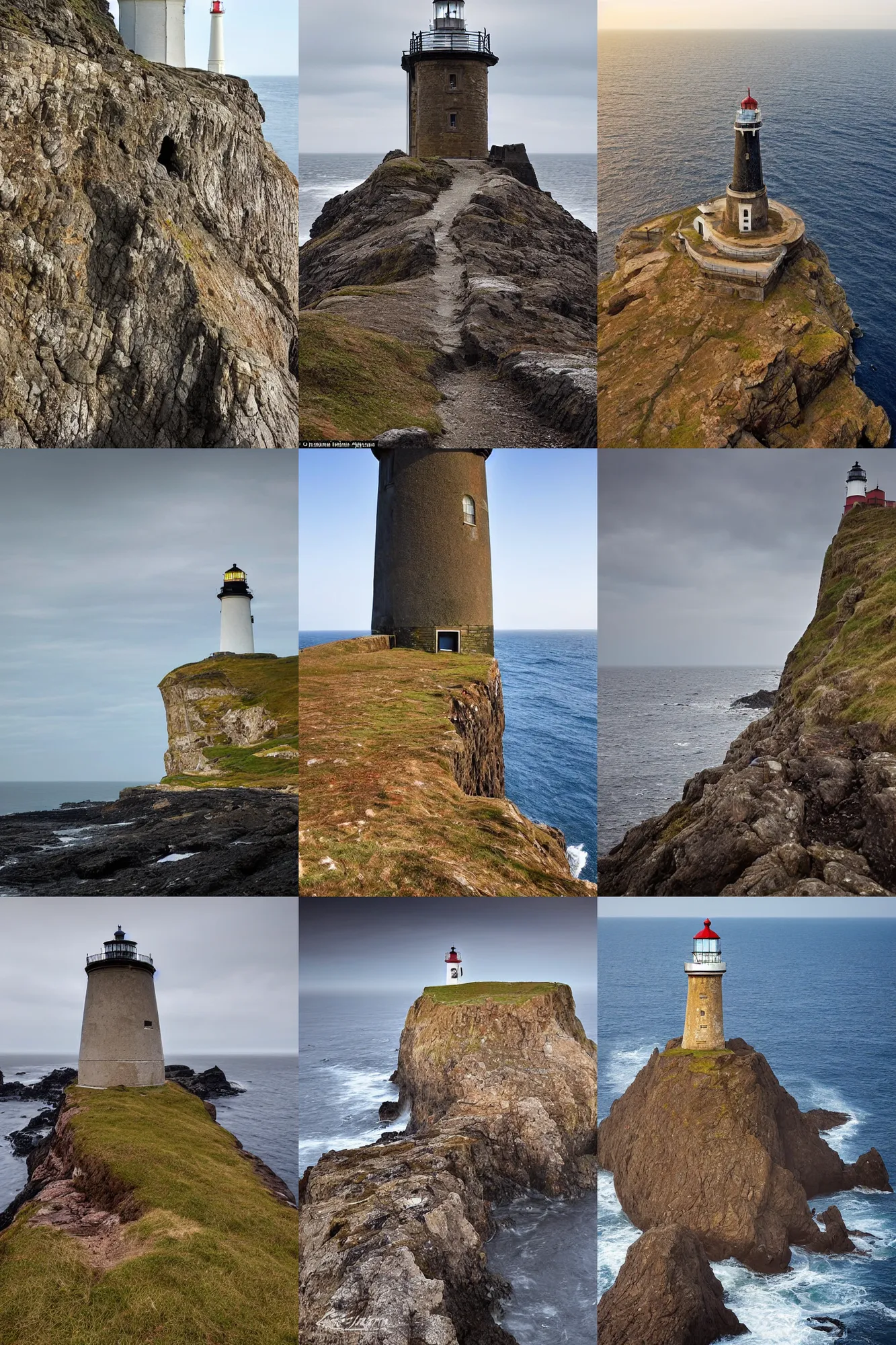 Prompt: standalone lighthouse in england 1 9 century, half - ruined, covered by mold, staying in 2 kilometers far from a coast, opposite the dark cave - crack of giant rocks. when you see this lighthouse it makes you anxious. deep ones is living under this. view from sea, and view from the coast, by greg rutkowski