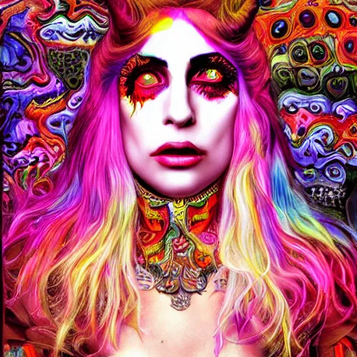 Image similar to an extremely psychedelic portrait of lady gaga as alice cooper, surreal, lsd, face, detailed, intricate, elegant, lithe, highly detailed, digital painting, artstation, concept art, smooth, sharp focus, illustration,