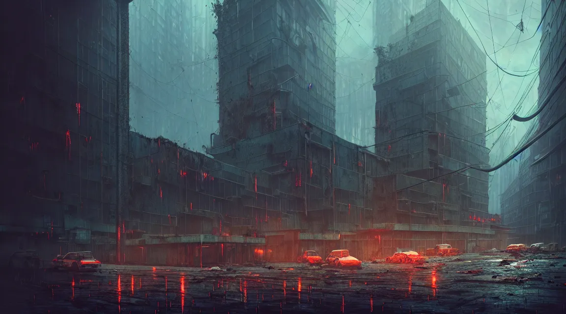 Image similar to post - apocalyptic city building, raining, building, avenue, modern contemporary urban americana concrete architecture, paved roads, by neil blevins trending on artstation, photorealistic, neon ambiance, ultra - detailed, high definition, depth of field, bokeh, wild vegetation, blood stains, crumbling, post - apocalyptic warriors