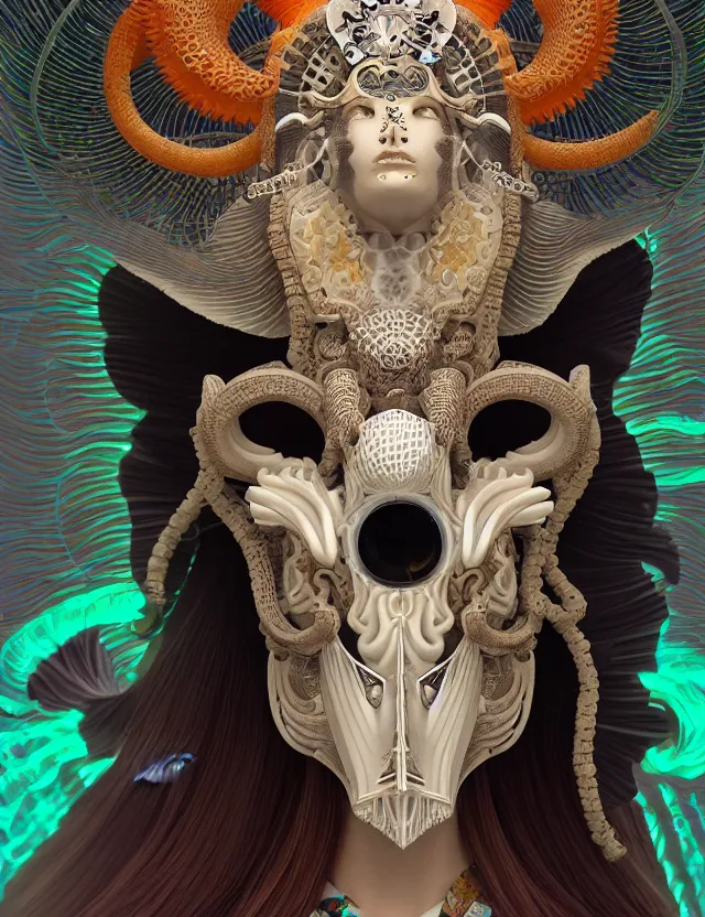 Image similar to 3 d goddess close - up profile solarpunk portrait ram skull. beautiful intricately detailed japanese crow kitsune mask and clasical japanese kimono. betta fish, jellyfish phoenix, bio luminescent, plasma, ice, water, wind, creature, artwork by tooth wu and wlop and beeple and greg rutkowski