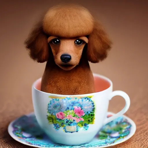 Image similar to cute poodle sitting inside a tea cup, realistic