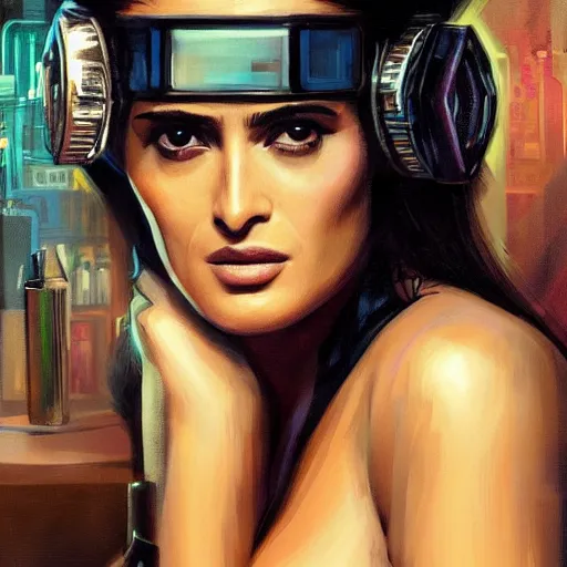 Image similar to salma hayek in a cyberpunk city bar, perfect proportions, beautiful face, perfect eyes, real life colors, elegant, sharp focus, hyper - realistic, 4 k, highly detailed, hd, dramatic lighting by brom