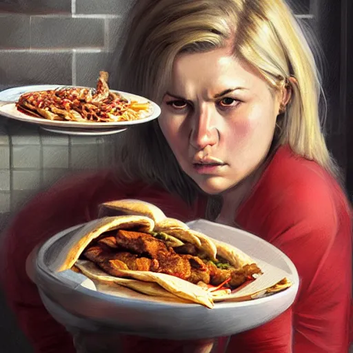 Image similar to portrait of a blonde chubby woman eating kebab, light stubble with red shirt ,digital art,photorealistoc,art by greg rutkowski,hyperdetailed,western comic style,comic,comic style,sharp lineart,professional lighting,deviantart,artstation,trevor henderson,rossdtaws,cinematic,dramatic