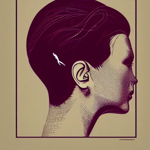 Prompt: stipple shaded illustration of a bird flying into a human ear, by ilya kuvshinov, anatomy book, retro flat colors, retrofuturism