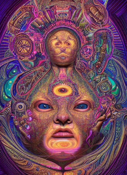 Prompt: a intricate ornate psychedelic image of a venus of willendorf with a glowing third eye, digital art by artgerm, alex grey, dan mumford, felix kelly, psychedelic art, psychedelic, fractalism, fractals, sacred geometry, trending on artstation, hyper - realism, highly detailed, cgsociety, octane render, raytracing, 3 d