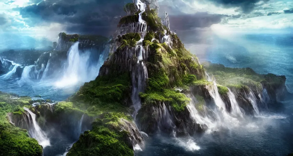 Image similar to A magnificent floating island in the sky above the sea, waterfall falling down, epic lighting, epic composition, cinematic, highly detailed, 4k