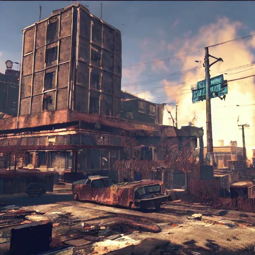 Prompt: Albuquerque, New Mexico in ruins post-nuclear war in Fallout 4, in game screenshot