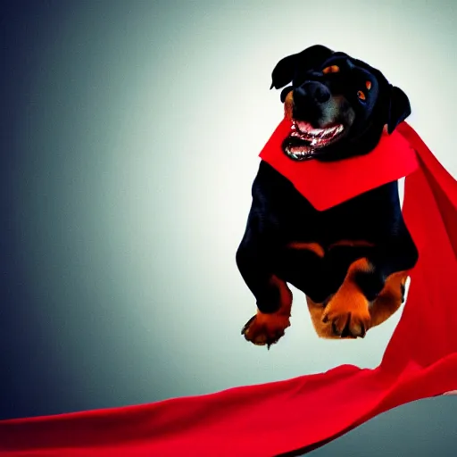 Prompt: Flying Rottweiler wearing a red cape, caricature