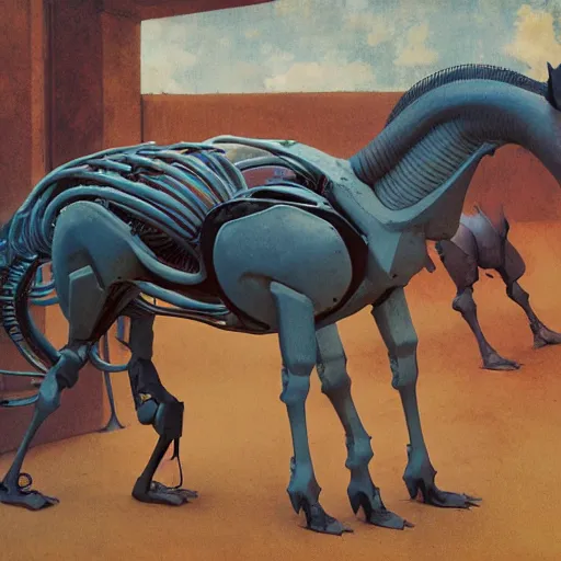 Image similar to carnivorous cyborg horse, by c. leyendecker, degas, simon stalenhag, studio ghibli, barlowe, audobon and beksinski