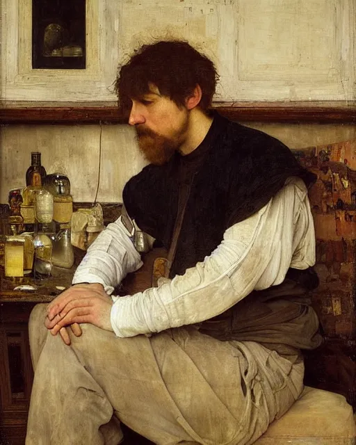 Image similar to an exhausted painter in his studio with a whiskey bottle by edgar maxence and caravaggio, intricate painting, hyper realistic, extremely detailed and beautiful aesthetic face, 8 k resolution