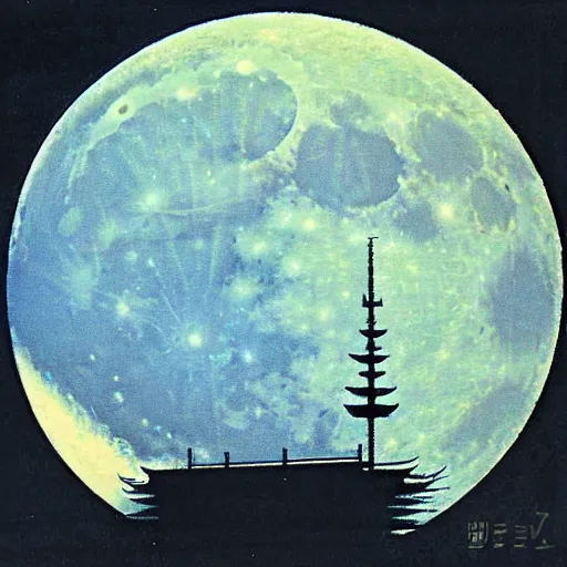Image similar to full size moon bathing a futuristic Tokyo in light by by Hasui Kawase and Lyonel Feininger