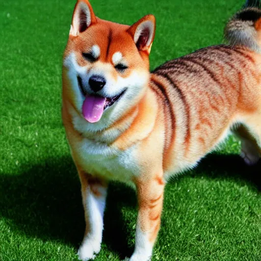 Prompt: A cross between a Shiba Inu and a Tabby Cat, photograph