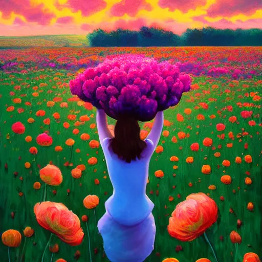 Image similar to head made of giant flowers, girl dancing in a vast flower field, arms behind back, surreal photography, sunrise dramatic light, impressionist painting, colorful clouds, large sky, digital painting, artstation, simon stalenhag, flower face