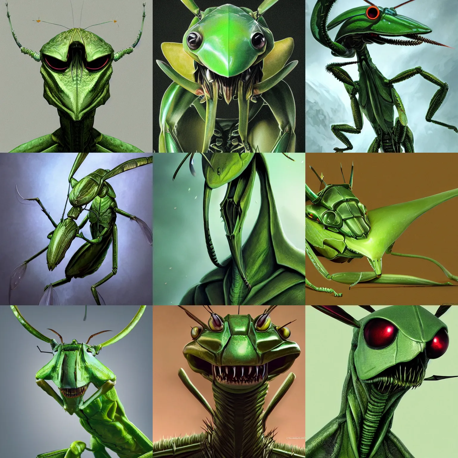 Prompt: mid - shot portrait of green anthropomorphic mantis religiosa ; hard predatory look ; d & d rogue ; mandibles ; flat triangle - shaped head with antennae and compound eyes ; concept art ; artstation ; 8 k ; wallpapers ; heavy contrast ; cinematic art ; cgsociety ; art by greg rutkowski and artgerm