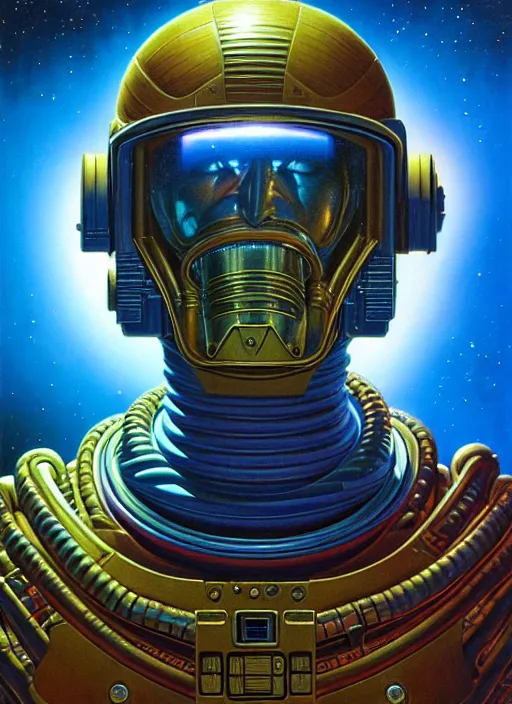 Prompt: cinematic bust portrait of psychedelic astronaut, head and chest only, exotic alien features, Tim Hildebrandt, Wayne Barlowe, Bruce Pennington, donato giancola, larry elmore, oil on canvas, masterpiece, trending on artstation, featured on pixiv, cinematic composition, dramatic pose, beautiful lighting, sharp, details, hyper-detailed, HD, HDR, 4K, 8K