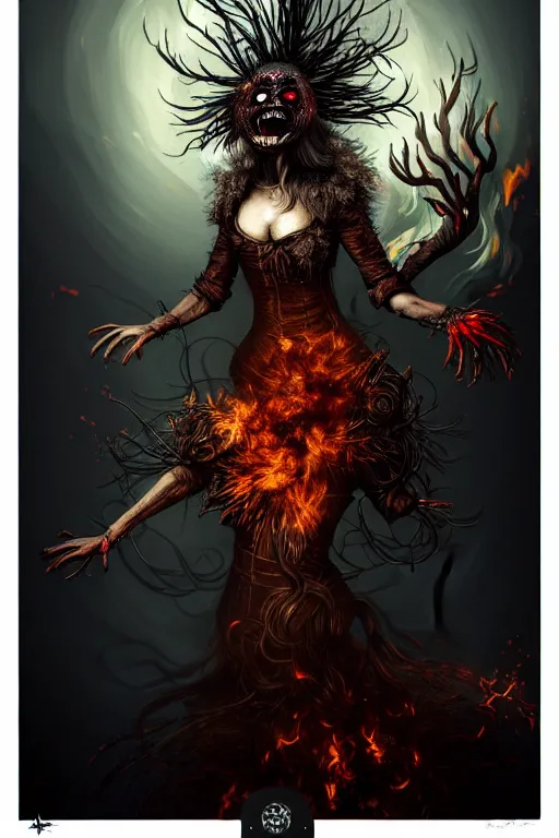 Prompt: full body shot, malevolent witch facing front laughing maniacally, smoke hair, crow helmet, floral dress, dead forest on fire, fantasy, intricate, photorealistic, elegant, stylish, highly detailed, digital painting, artstation, concept art, smooth, sharp focus, illustration, art by rembrandt