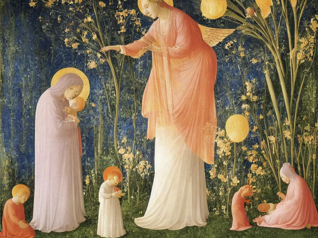 Image similar to Woman dressed in white with six babies. Iris flower in a vase, garden outside with Cypresses. An angel is arranging the seashells. Painting by Fra Angelico.