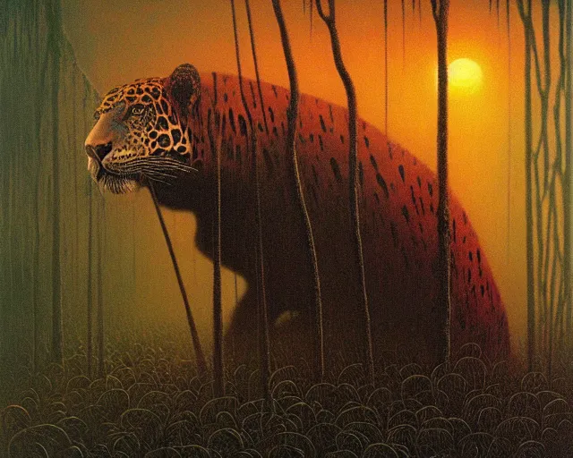 Image similar to Beksinski painting. Jaguar in a dark misty jungle, painted by Beksinski