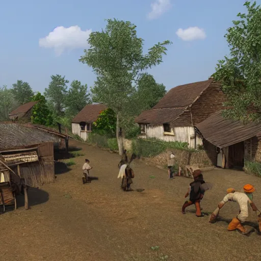 Image similar to A busy village with working peasants, Realistic, HDR, Clear Image, HDD, Dynamic lighting,