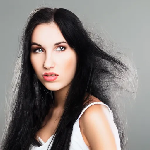 Image similar to young woman with messy long black hair, 1 3 5 mm nikon portrait