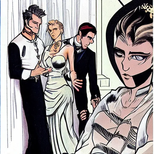 Prompt: heroic square - jawed emotionless serious blonde butch woman starship engineer, tribal tattoos, handsome, short slicked - back hair, sweating, wearing white and gold satin victorian gown at formal dinner, looking distracted, awkward, mike mignogna, david mack