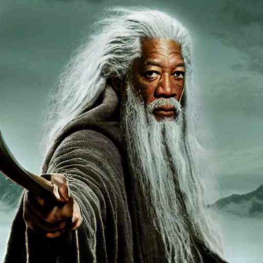 Image similar to portrait of Morgan Freeman as Gandalf in Lord of the Rings (2001)