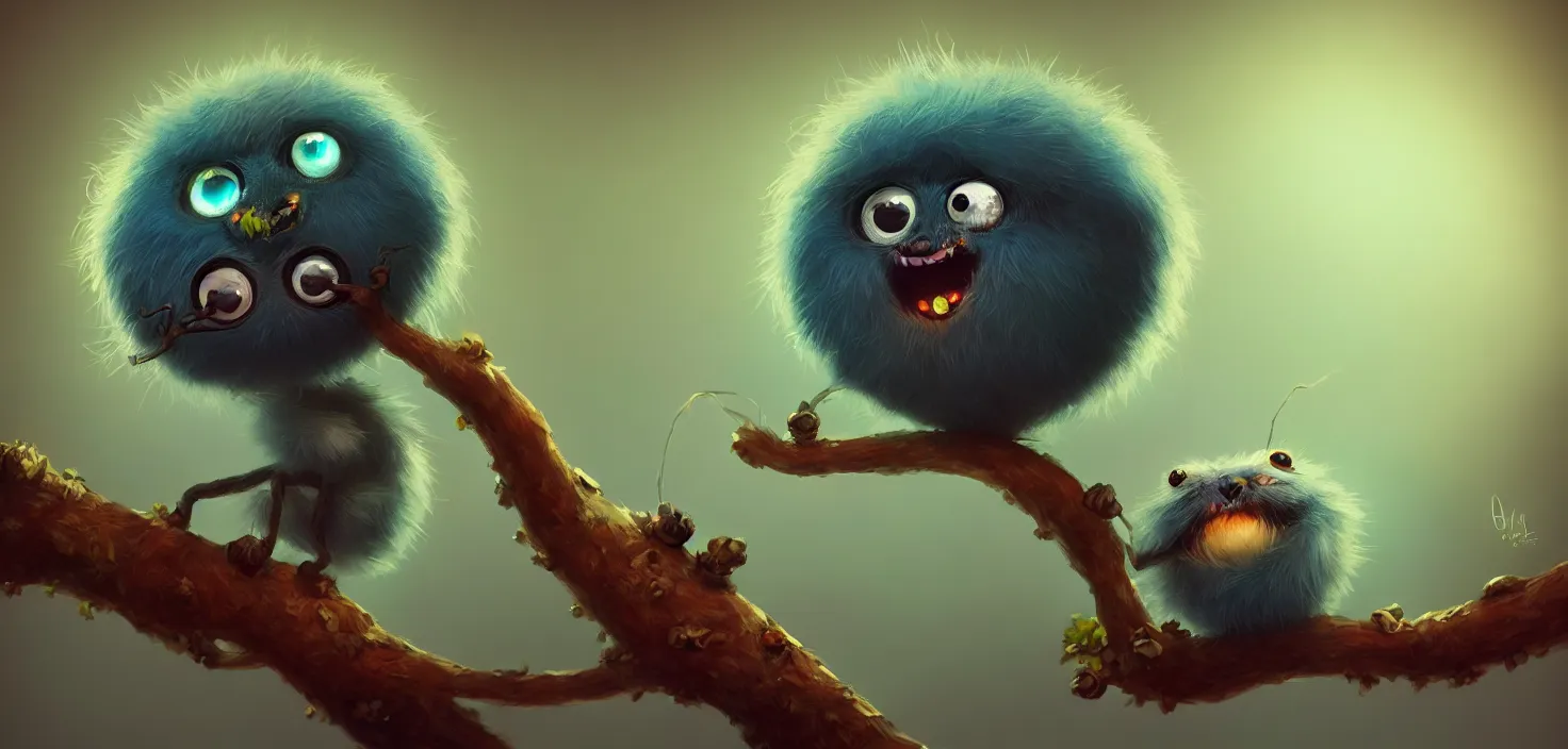 Prompt: funny fluffy ball big eyes sitting on branch, in the style of craola, shallow depth of field, highly detailed, digital painting, trending artstation, concept art, illustration, cinematic lighting, vibrant colors, photorealism, epic, octane render
