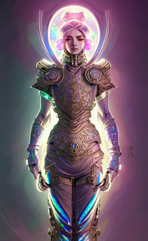 Image similar to iridescent opal cyborg shinobi warrior, intricate ornate details, morandi color scheme, hd, illustratio, splash art, fantasy, elegant, highly detailed, wide angle, digital painting, artstation, concept art, smooth, sharp focus, illustration, wallpaper, art by artgerm and greg rutkowski and alphonse mucha and jin xiaodi