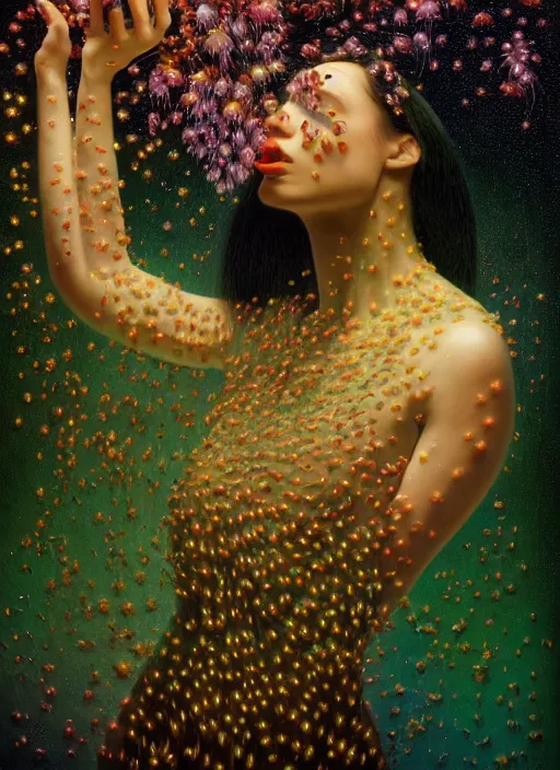 Prompt: hyper detailed 3d render like a Oil painting - Aurora (Singer) Eats of the Strangling Fruit and Her delicate Hands hold of gossamer polyp blossoms bring iridescent fungal flowers whose spores black the foolish stars by Jacek Yerka, Mariusz Lewandowski, Houdini algorithmic generative render, Abstract brush strokes, Masterpiece, Edward Hopper and James Gilleard, Zdzislaw Beksinski, Mark Ryden, Wolfgang Lettl, hints of Yayoi Kasuma, octane render, unreal engine 5 render, 8k