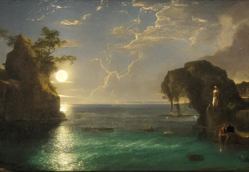 Image similar to The palace, Moon refracted sparkles on the ocean, thunderstorm, greek pool, beach and Tropical vegetation on the background major arcana sky, by paul delaroche, hyperrealistic 4k uhd, award-winning, very very very detailed