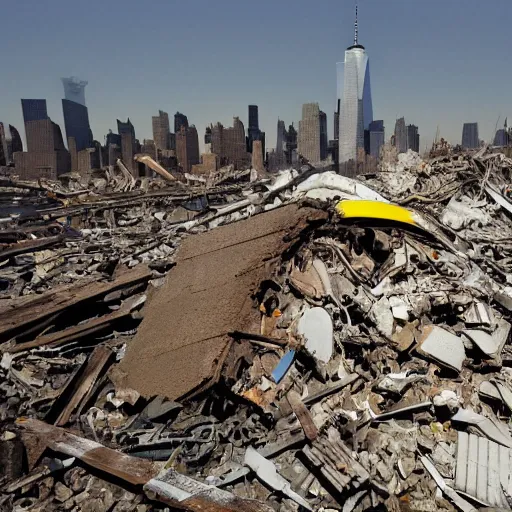 Prompt: an extreme wide shot of a very drunk evil Rudy Giuliani standing smiling wearing a yellow speedo on top of the world trade center rubble pile in new york