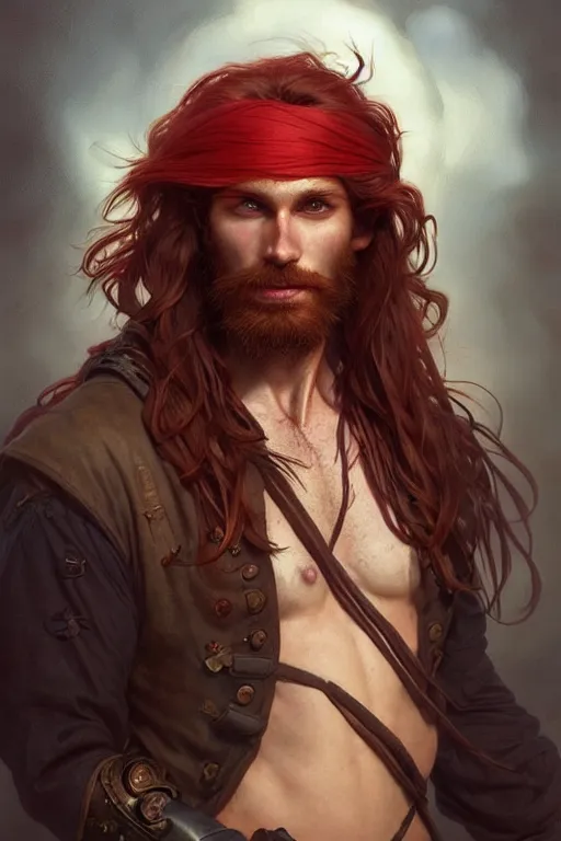 Image similar to portrait of a young ruggedly handsome but joyful pirate, male, masculine, full body, red hair, long hair, fantasy, intricate, elegant, highly detailed, digital painting, artstation, concept art, matte, sharp focus, illustration, art by artgerm and greg rutkowski and alphonse mucha