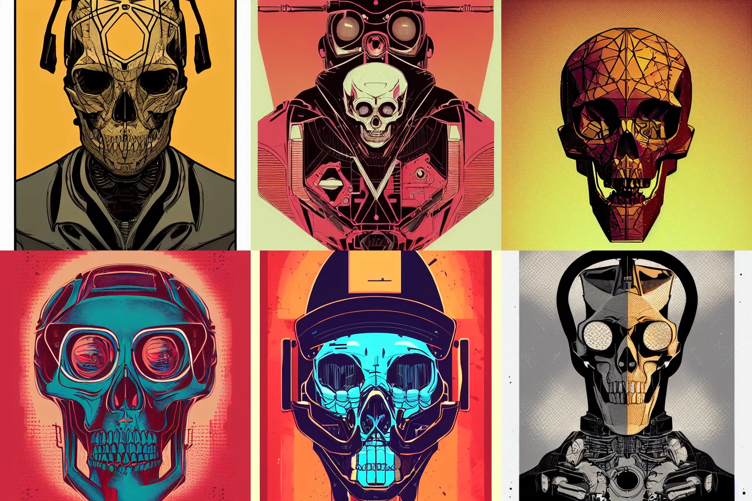 Prompt: a portrait Vector illustration of a robot skull, golden ratio, screen print poster, character concept art by character concept art by josan gonzalez, james jean, Mike Mignola, Laurie Greasley, highly detailed, sharp focus, sharp linework, clean strokes, motherboard, Artstation, deviantart, artgem