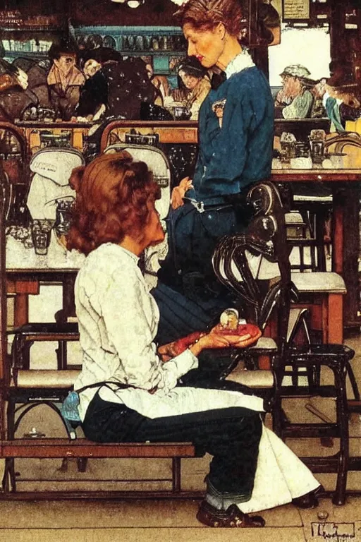 Image similar to a lazy!! woman! in her 3 0 s in a cafe!!! sitting on a bench!! by norman rockwell!!!
