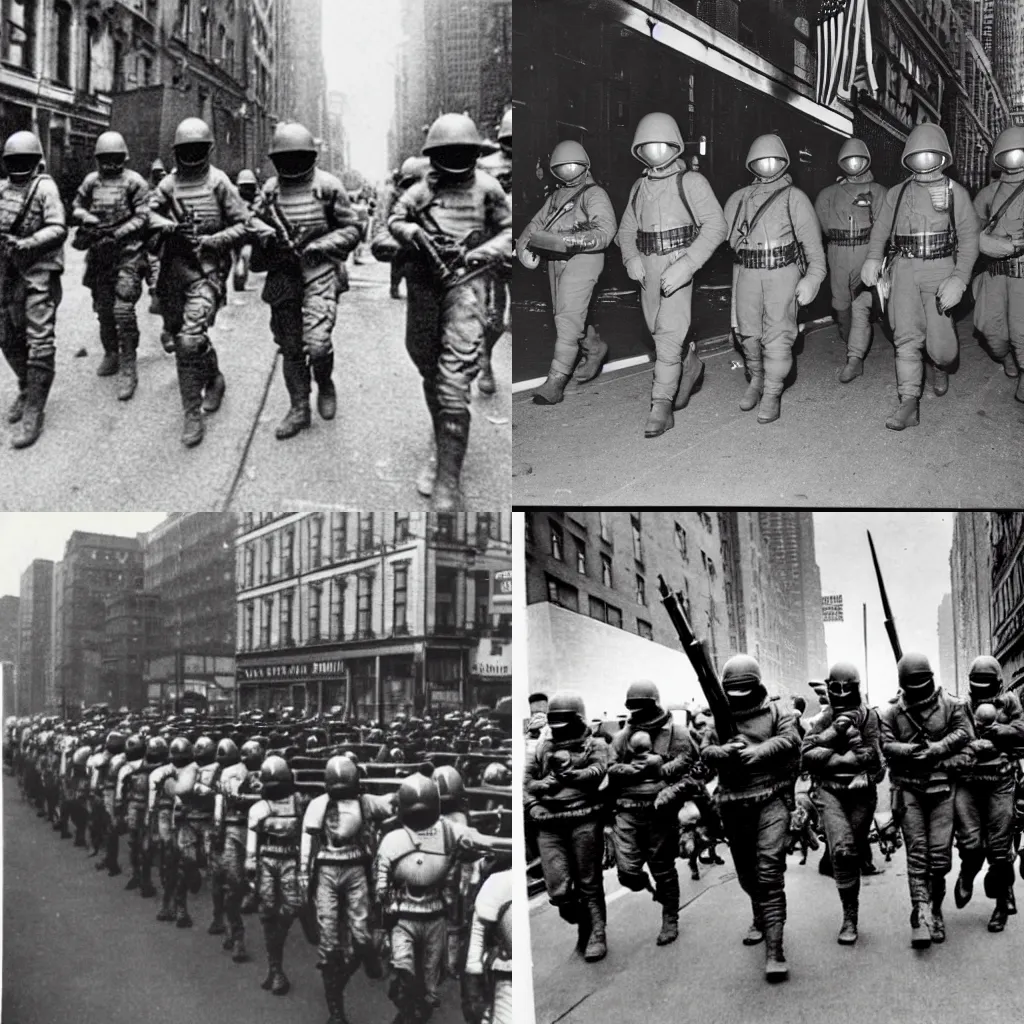 Prompt: an old photo of alien soldiers march in to New York, WW2, Second world war, black and white photo, outer space, UFO, laser weapons