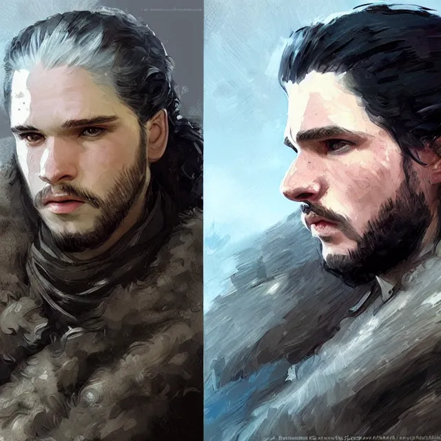 Prompt: jon snow from game of thrones, portrait, elegant, intricate, digital painting, artstation, concept art, smooth, sharp focus, illustration, art by konstantin korovin and daniel f. gerhartz and john howe