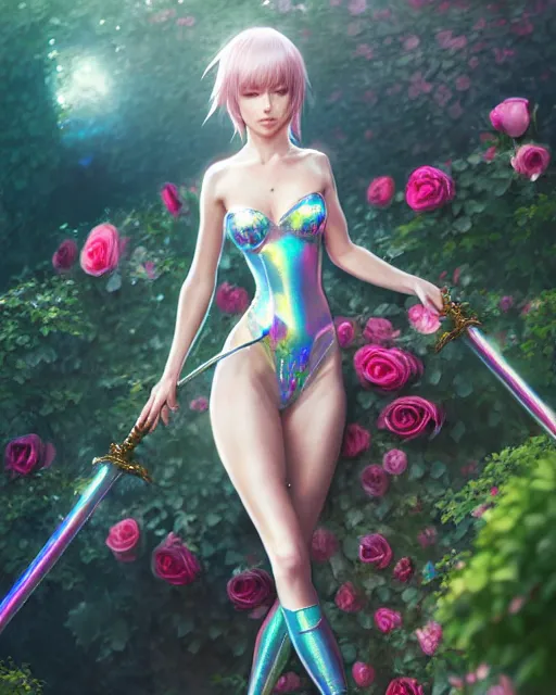 Image similar to an elegant lady in a full bodysuit surrounded by holographic swords in a garden full of roses, final fantasy, cushart krenz, cushart krenz, goddess, unreal engine, very detailed, realistic face, detailed face, matte, tonemapping, perfection, 4 k