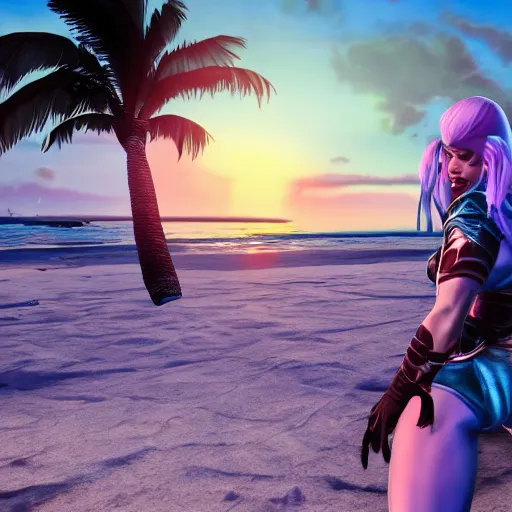 Prompt: Photo of Orchid, from Killer Instinct, walking by a beach, sunset, 8k