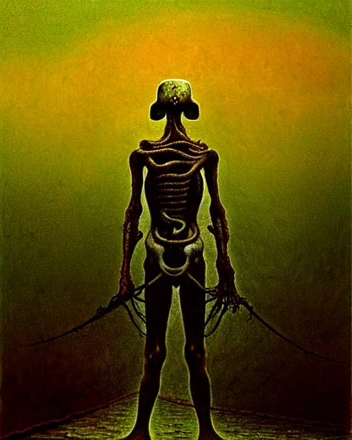 Prompt: full-body creepy realistic illustration central composition, a decapitated soldier with futuristic elements. he welcomes you into the fog with no head, dark dimension, empty helmet inside is occult mystical symbolism headless full-length view. standing in ancient gate eldritch energies disturbing frightening eerie, award-winning digital artwork by Salvador Dali, Beksiński, Van Gogh and Monet.