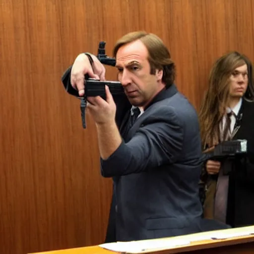 Image similar to saul goodman shooting a glock 1 9 inside a courtroom