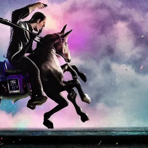 Image similar to Keanu Reaves riding a unicorn, a still shot from John Wick 2, shooting at Louigi from Mario Cart, epic fantasy style, digital art